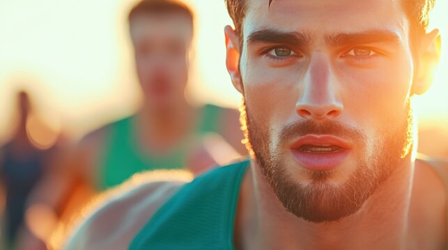 A close up shot of a runner determined face as they sprint towards the finish line, with blurred background of other runners and spectators.