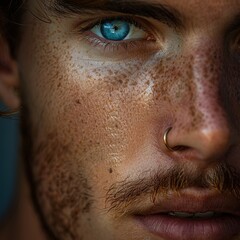 A professional close-up portrait of a man with a nose piercing, emphasizing his natural ruggedness and minimalistic grooming. The soft focus highlights his facial features