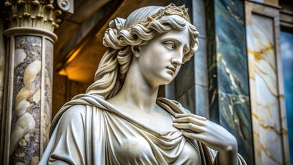 Obraz premium A Marble Muse Close-up of a Grecian Statue's Face, with a Golden Crown and Draped Garment, in a Marble Hall - Art, Sculpture, Classical, Greece, Beauty