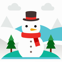 A snowy landscape with a snowman wearing a scarf illustration