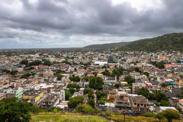 Fototapeta premium Exposure done from the Citadelle (Fort Adelaide) of the Mauritius capital, Port Louis, showing the Champ de Mars (horse race track).