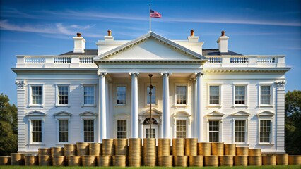 Obraz premium American Powerhouse White House with Stacks of Gold Coins, Political Economy, Wealth, Prosperity, National Symbolism, USA, Financial Stability