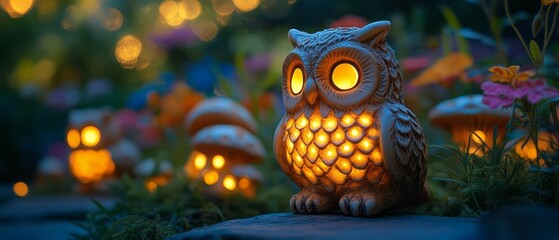 Glistening Owl Lantern Illuminates a Garden During a Tranquil Evening in Late Spring