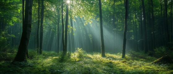 Obraz premium Sunlight Filtering Through Dense Green Trees in a Serene Forest at Dawn