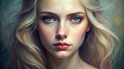 Fototapeta premium Blond Beauty with Emerald Eyes Digital Painting of a Woman with Flowing Hair - digital art, portrait, blonde, green eyes, woman, beauty, painting