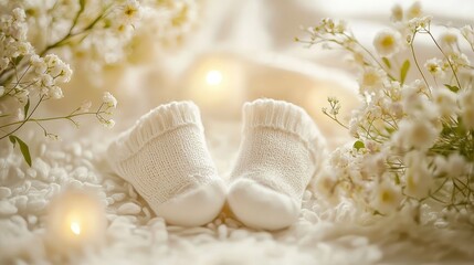 children's booties white background flowers. Selective focus