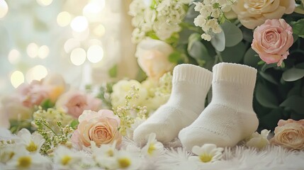 children's booties white background flowers. Selective focus