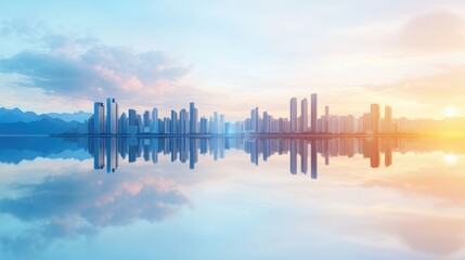 Fototapeta premium A panoramic view of a modern city skyline, showcasing the development of high rise buildings and infrastructure.