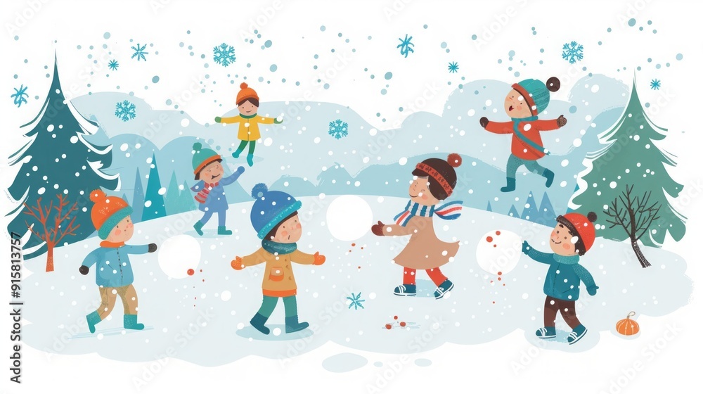 Wall mural Children Playing in the Snow - Winter Fun and Joy