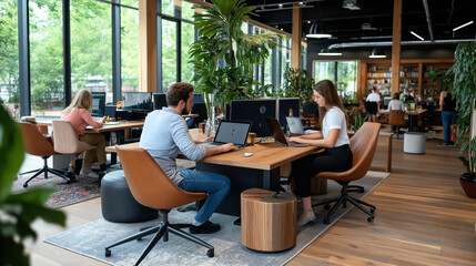 Modern open-plan office with people working on laptops at shared desks, surrounded by large windows, indoor plants, and bookshelves in the background.