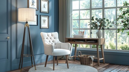 Obraz premium Modern Empty Home Office Room Interior With Blank Wall, Computer, Table, Bookshelf Mockup Frame -Ai