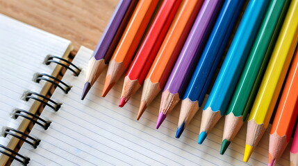 Fototapeta premium Vibrant Colored Pencils Arranged Neatly On Sketchbook Paper