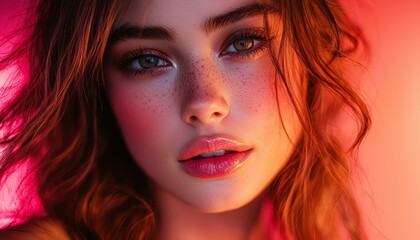 Fototapeta premium Captivating Portrait of a Young Woman With Freckles and Luminous Skin Under Soft Pink Lighting