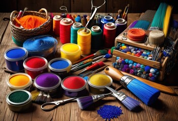 vibrant collection crafting tools materials showcasing diverse colors textures creative projects, display, supplies, accessories, scissors, glue, paint, paper