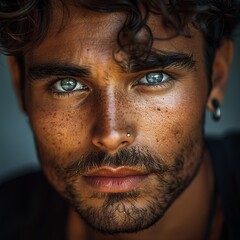 Fototapeta premium A professional close-up portrait of a man with a nose piercing, emphasizing his natural ruggedness and minimalistic grooming. The soft focus highlights his facial features