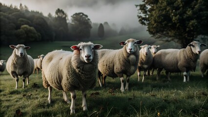 Obraz premium Several sheep graze in a lush meadow shrouded in a mysterious fog during the early morning