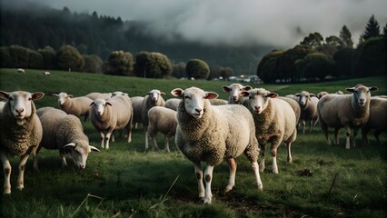 Fototapeta premium Several sheep graze in a lush meadow shrouded in a mysterious fog during the early morning