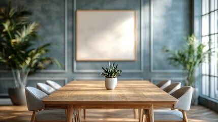 Elegant Dining Room Interior with Wooden Table and Stylish Chairs, Space for Text