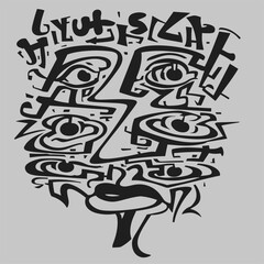 Abstract black and white illustration with surreal eyes and intricate lines, minimalistic style.
