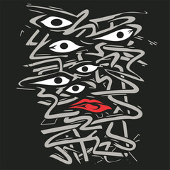Abstract black and white illustration with surreal eyes and intricate lines, minimalistic style.
