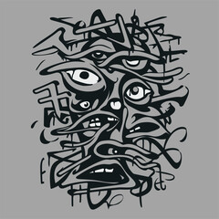 Abstract black and white illustration with surreal eyes and intricate lines, minimalistic style.
