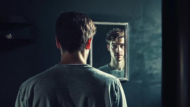 Pushing through a mirror to a man looking at himself in another mirror representing a narcissists internal struggle with vanity.