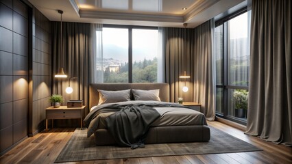 Modern Minimalist Bedroom Design with Warm Lighting and City View - Interior Design, 3D Rendering, Bedroom, Minimalist, Cityscape, Cozy, Warm Lighting