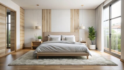 Modern Minimalist Bedroom with Wood Accents - 3D Render - Interior Design - Contemporary - White Bedding - Natural Light - Cozy - Calm - Peaceful - Bedroom Inspiration