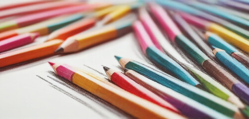 illustrative and colorful illustration of crayons and pencils in bright colors on white paper