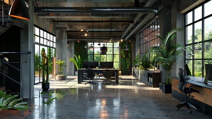 Fototapeta premium Modern Empty Home Office Room Interior With Blank Wall, Computer, Table, Bookshelf Mockup Frame -Ai