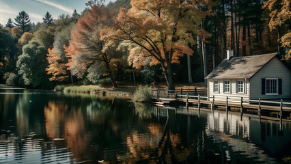 Fototapeta premium Picturesque autumn landscape, small lakeside house, autumn foliage, fall, September, October, November, autumn concept