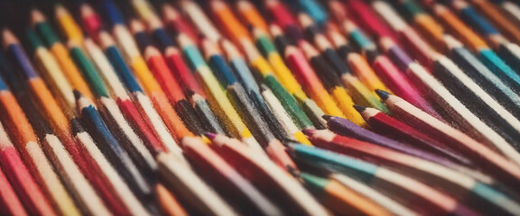 illustrative and colorful illustration of crayons and pencils in bright colors on white paper