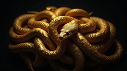 Fototapeta premium Golden Serpent in Repose, A close-up photograph of a golden snake coiled and resting on a dark background. The intricate pattern of its scales and the curious expression in its eyes are highlighted.