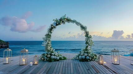 Fototapeta premium A white floral archway on a wooden dock overlooking the ocean with a line of lit lanterns on each side.
