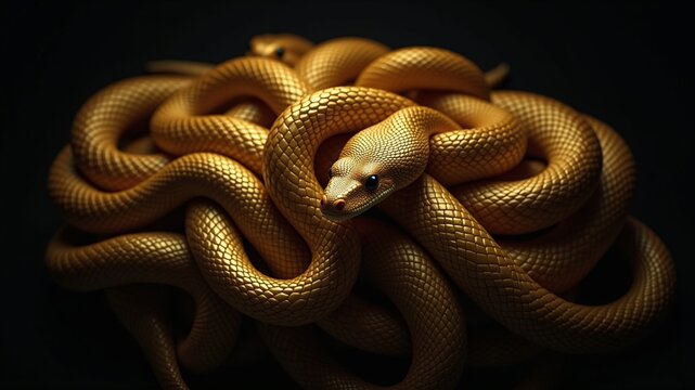 Golden Serpent in Repose, A close-up photograph of a golden snake coiled and resting on a dark background. The intricate pattern of its scales and the curious expression in its eyes are highlighted.
