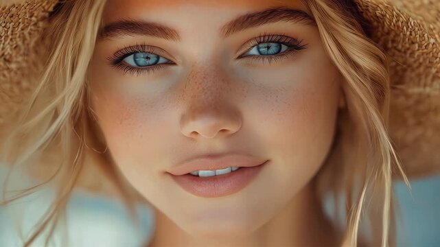 Close up portrait of a beautiful blonde woman with a straw hat and freckles on her face, her eyes looking at the camera. 