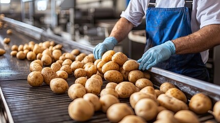 potatoes on the conveyor. Selective focus