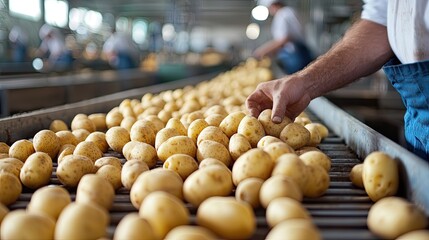 potatoes on the conveyor. Selective focus