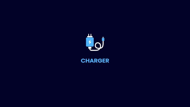 Mobil phone charger, smart phone mobil charger for power supply, adapter symbol logotype animation background.