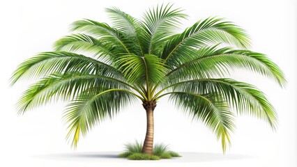 Fototapeta premium Tropical Paradise Isolated 3D Render of a Lush Palm Tree with Green Leaves Against a White Background - Palm Tree, Coconut Tree, Tropical, Summer, Vacation, White Background, 3D Render