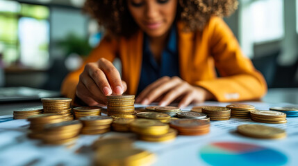 Financial Advisor Assisting Client with Coin Stacks in Modern Office Setting, Emphasizing Trust and Financial Planning, Daytime, Professional and Collaborative Atmosphere