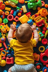 the baby is playing with toys on the floor. Selective focus