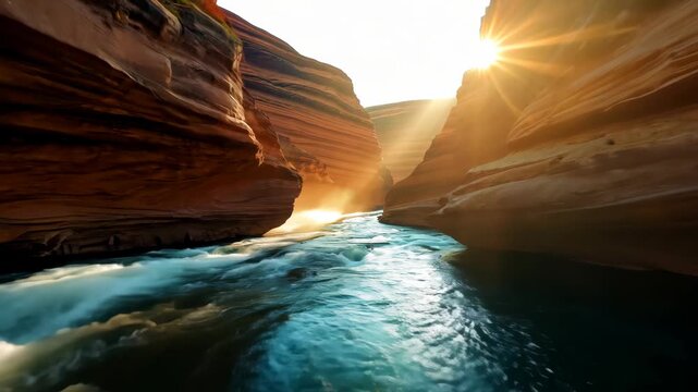 Flight Through Canyon River at Sunrise