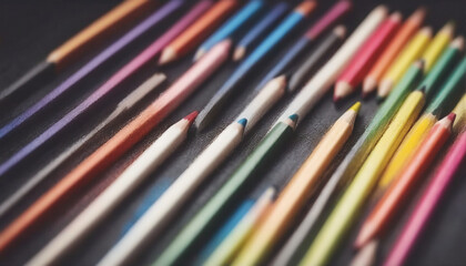 illustrative and colorful illustration of crayons and pencils in bright colors on white paper