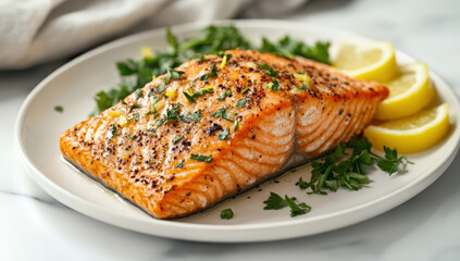 Golden brown salmon fillet, topped with fresh herbs and lemon slices