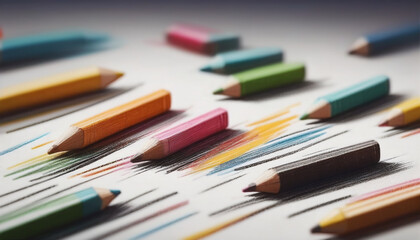 Fototapeta premium illustrative and colorful illustration of crayons and pencils in bright colors on white paper