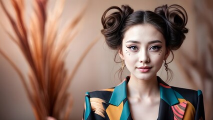 fashion portrait of an asian woman with dark hair, intricate makeup and hairstyle © KLSHKA