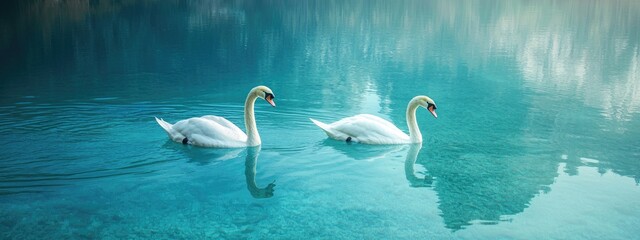 two white swans on the lake. Selective focus