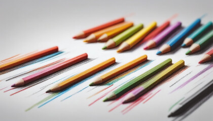 Fototapeta premium illustrative and colorful illustration of crayons and pencils in bright colors on white paper