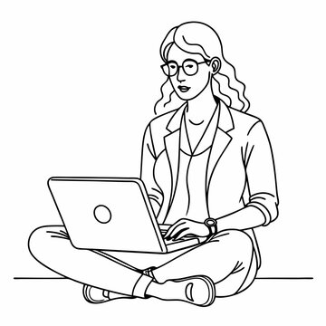 recommend clip art: continuous single line drawing of woman using laptop computer, line art vector illustration
                    